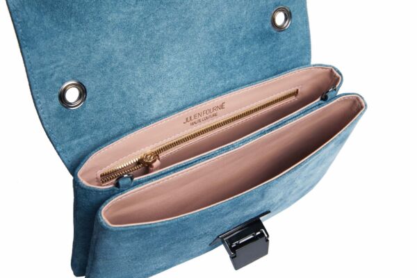 blue suede handbag