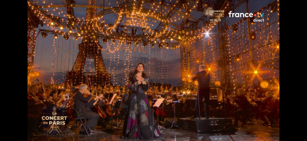 MARINA VIOTTI IN THE FIREWORKS Haute Couture DRESS for the eve o the Bastille day fireworks