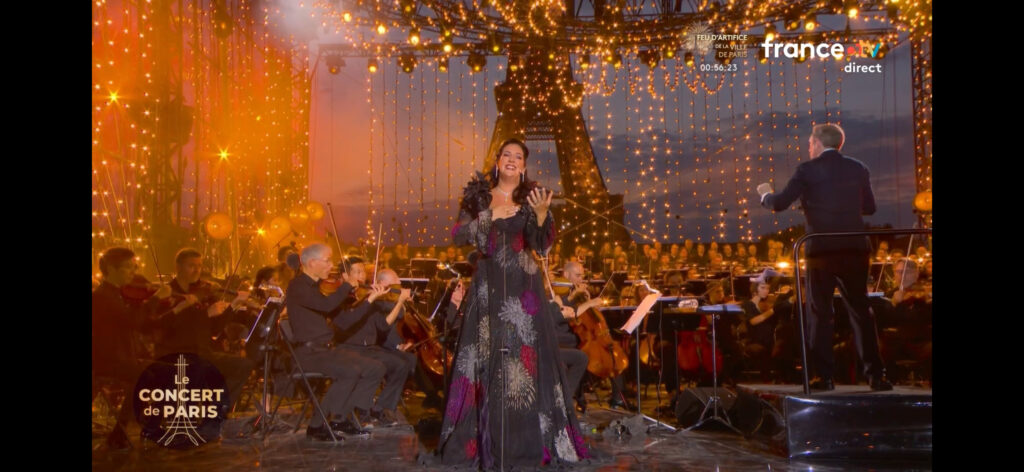 MARINA VIOTTI IN THE FIREWORKS Haute Couture DRESS for the eve o the Bastille day marina viotti