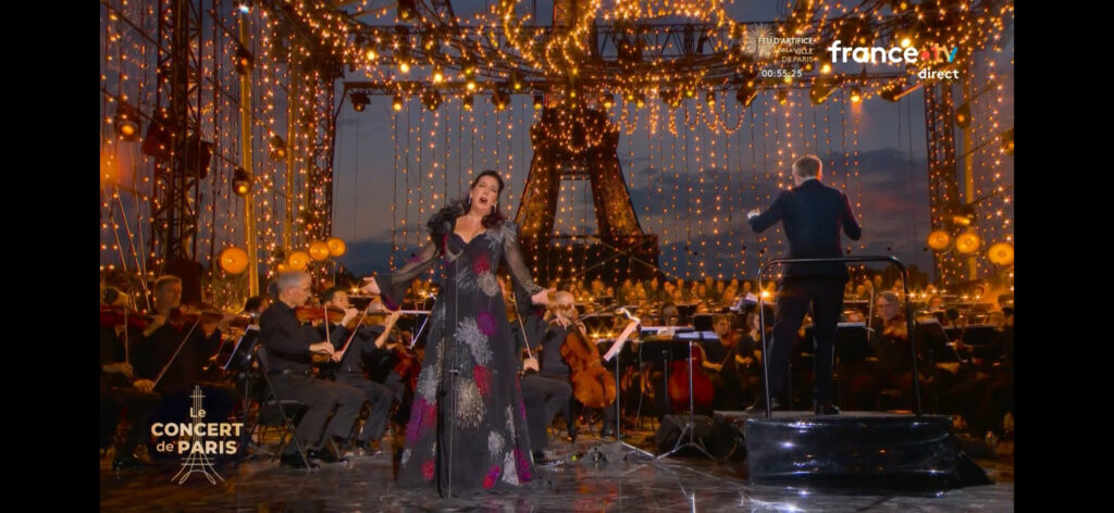 MARINA VIOTTI IN THE FIREWORKS Haute Couture DRESS for the eve of the Bastille day