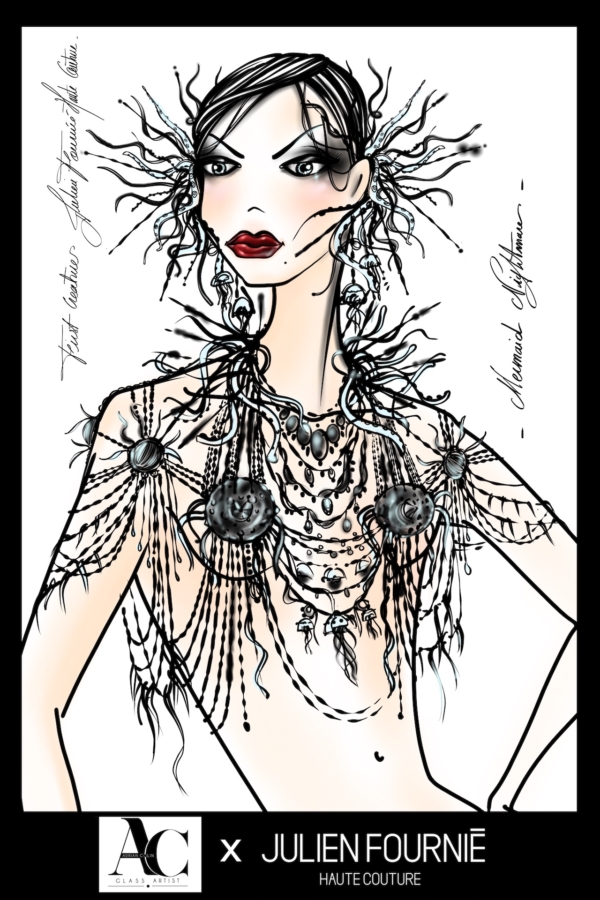 DESSIN RÉALISÉ PAR JULIEN FOURNIÉ D'UNE ROBE HAUTE COUTURE Bijoux