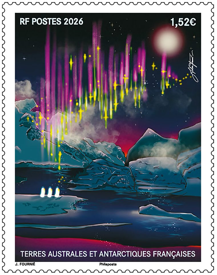 Timbre des TAAF dessiné par Julien Fournié : aurore australe nocturne et manchots, série Musée des imaginaires